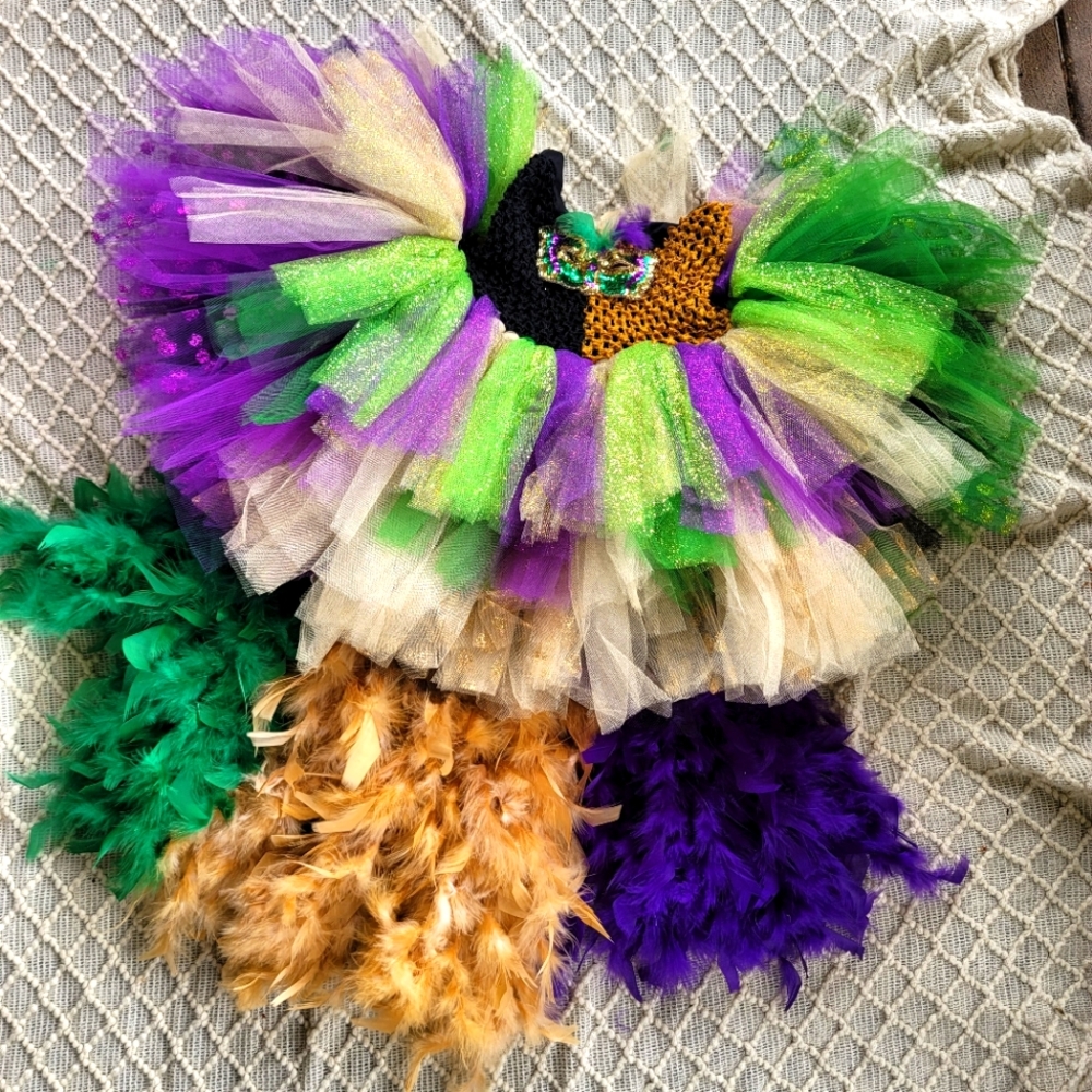 🎄Mardi Gras Feather Tutu Tulle Skirt Dress Dance Pageant Girls M 7 8 9 10